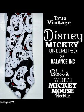 🆕VTG▪️DISNEY▪️MICKEY UNLIMITED▪️Black & White Jacquard Satin MICKEY MOUSE Tie